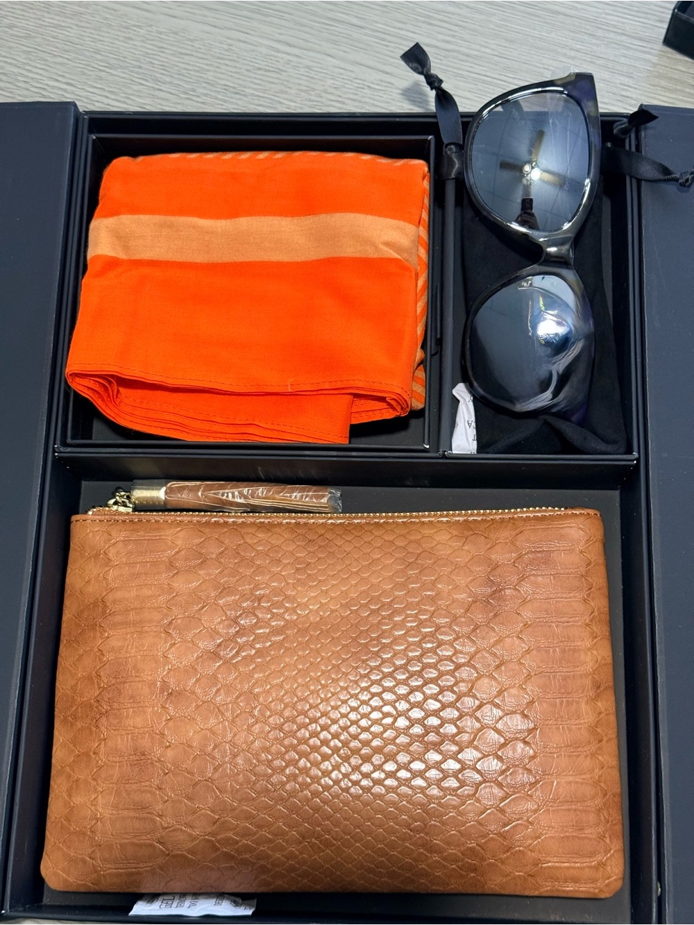 Women’s Leather Zip Pouch in Tan with Orange Accent Scarf